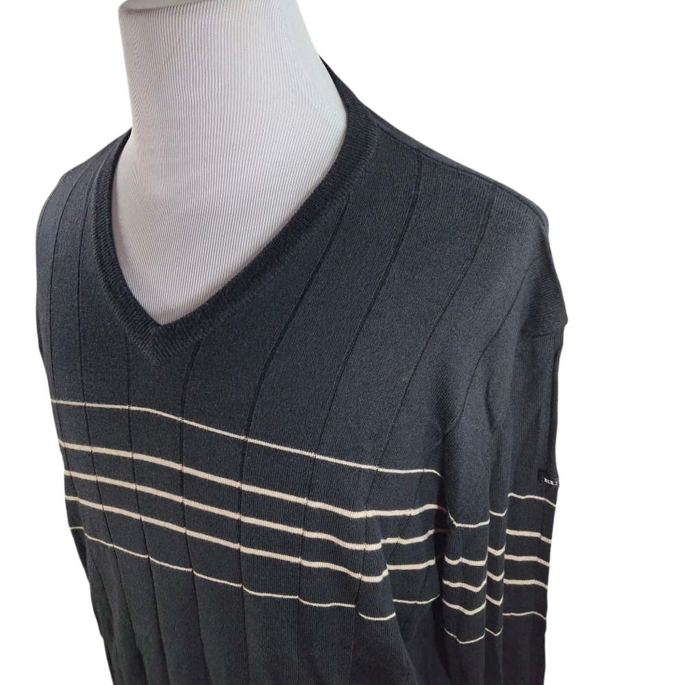 Burberry Golf Sweater Wool Cotton V Neck Black with Beige Stripes Mens XXL